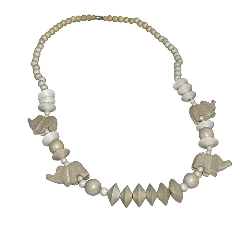 Vintage Carved Wood Beaded Elephant Chunky Necklace Beige